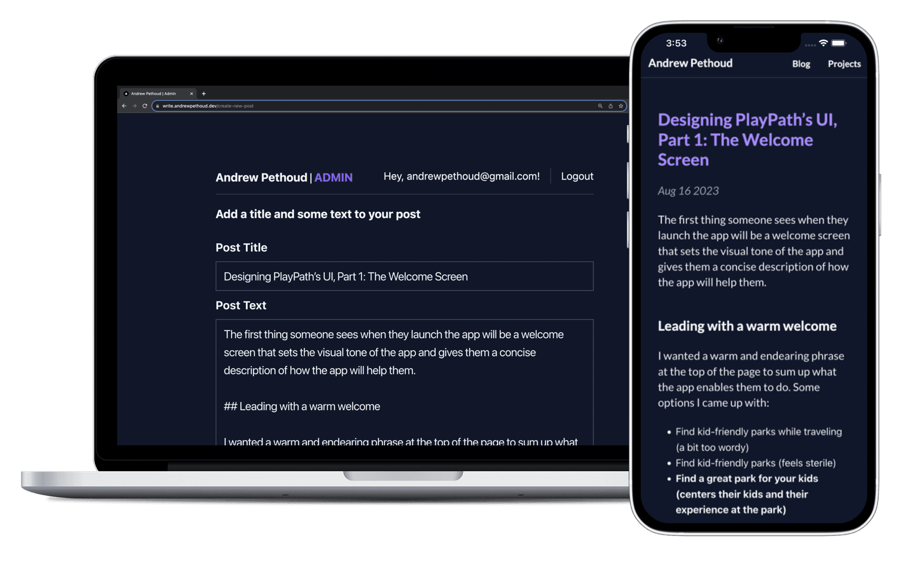 A Macbook Pro mockup of the portfolio site admin console beside an iPhone XR mockup of the portfolio site itself.