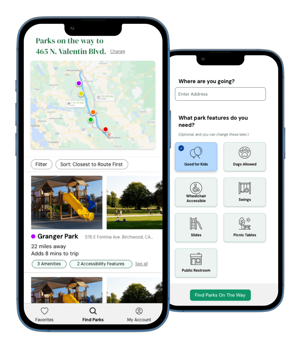 An iPhone mockup of PlayPath's Park Selection View, Search Criteria View, and Welcome Page.
